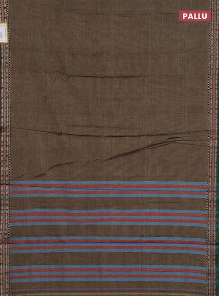 Narayanpet cotton saree chiku shade and green with plain body and temple design thread woven border