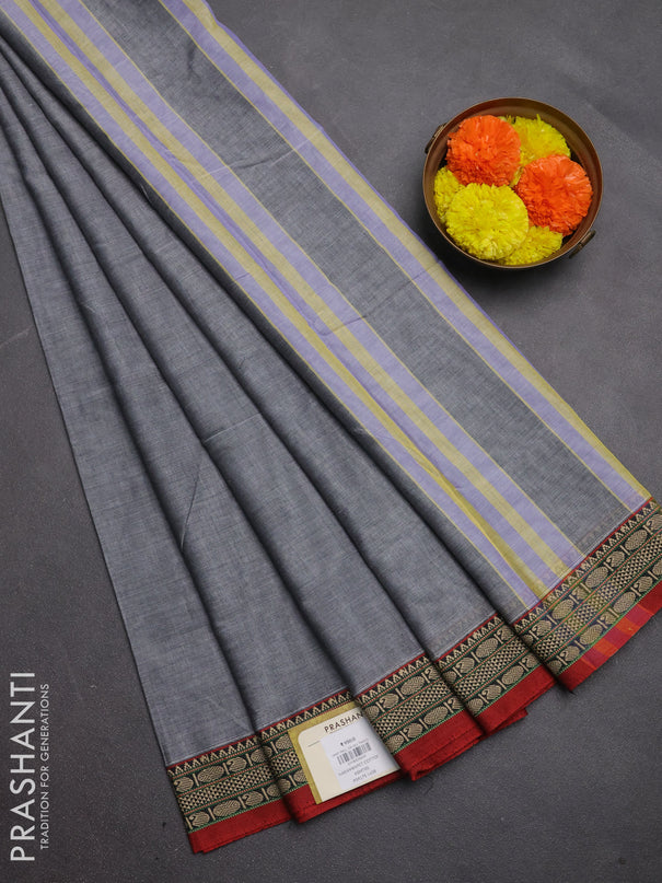 Narayanpet cotton saree grey and maroon with plain body and temple design thread woven border