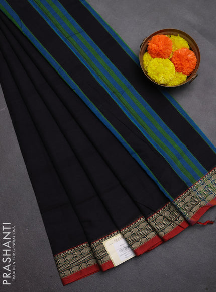 Narayanpet cotton saree black and maroon with plain body and temple design thread woven border
