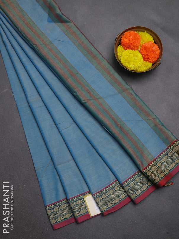 Narayanpet cotton saree light blue and maroon with plain body and temple design thread woven border