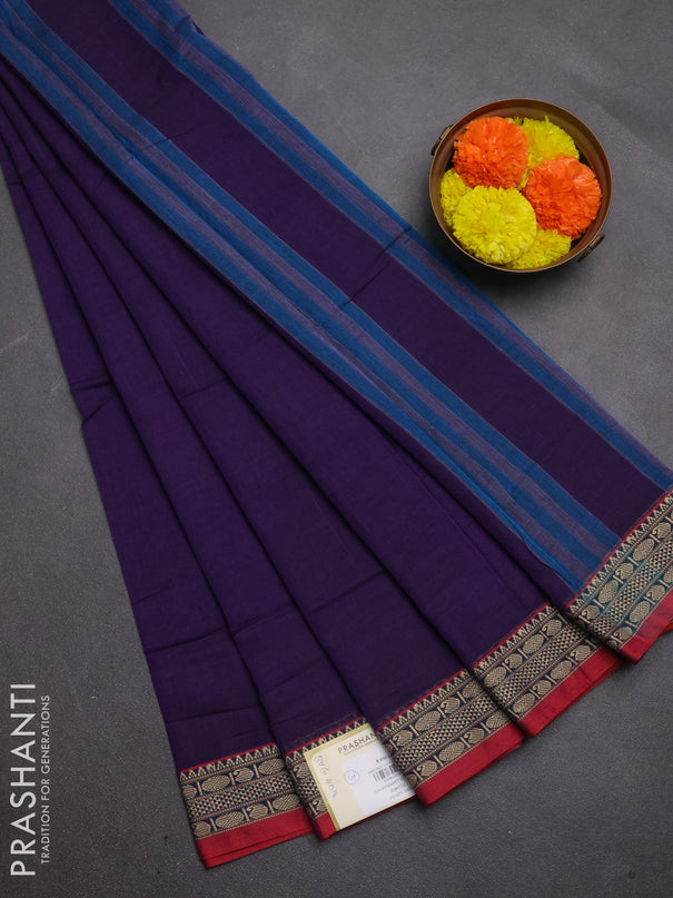 Narayanpet cotton saree violet and maroon with plain body and temple design thread woven border