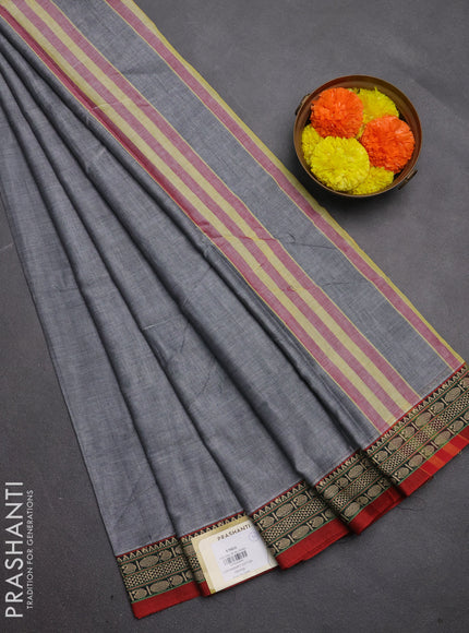 Narayanpet cotton saree grey and maroon with plain body and temple design thread woven border