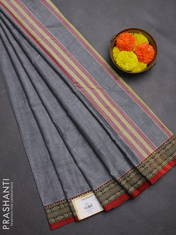 Narayanpet cotton saree grey and maroon with plain body and temple design thread woven border
