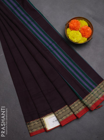 Narayanpet cotton saree deep wine and maroon with plain body and temple design thread woven border