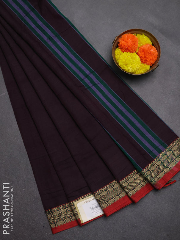 Narayanpet cotton saree deep wine and maroon with plain body and temple design thread woven border
