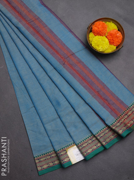 Narayanpet cotton saree light blue and teal green with plain body and temple design thread woven border