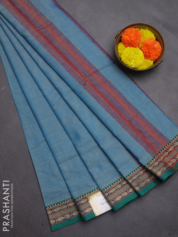Narayanpet cotton saree light blue and teal green with plain body and temple design thread woven border