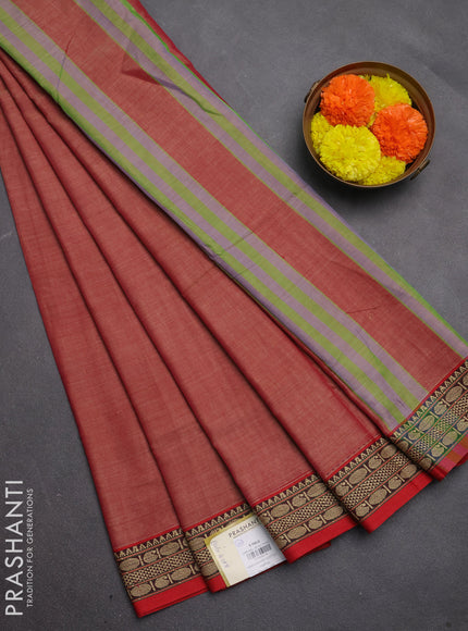 Narayanpet cotton saree red shade with plain body and temple design thread woven border