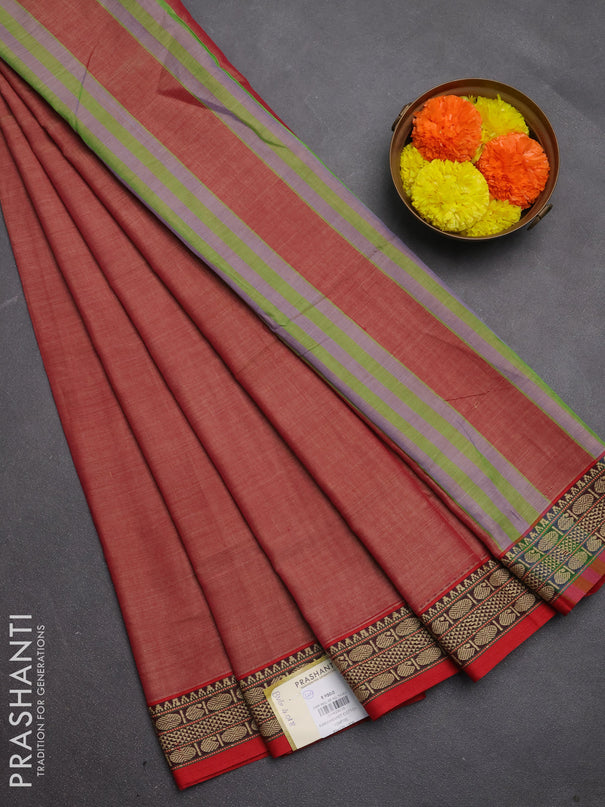 Narayanpet cotton saree red shade with plain body and temple design thread woven border
