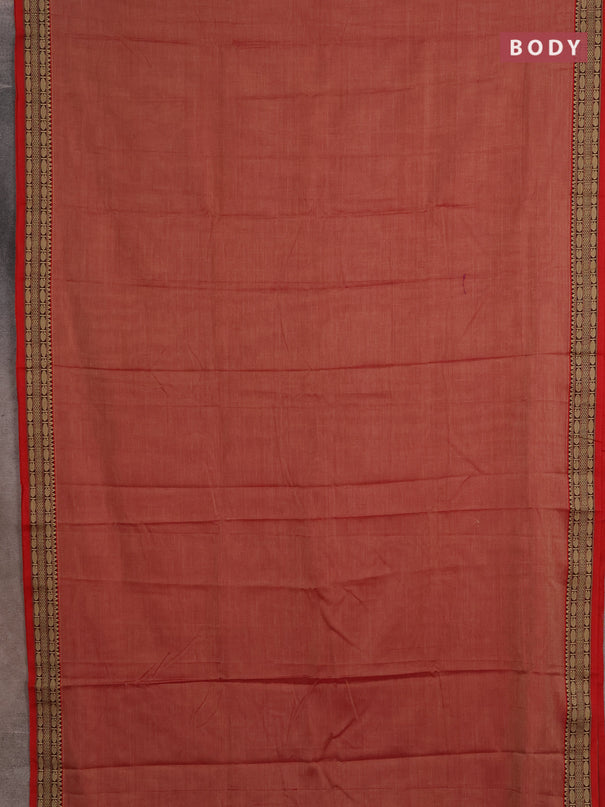 Narayanpet cotton saree red shade with plain body and temple design thread woven border