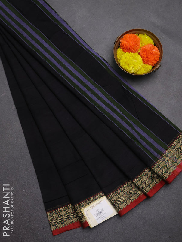 Narayanpet cotton saree black and maroon with plain body and temple design thread woven border