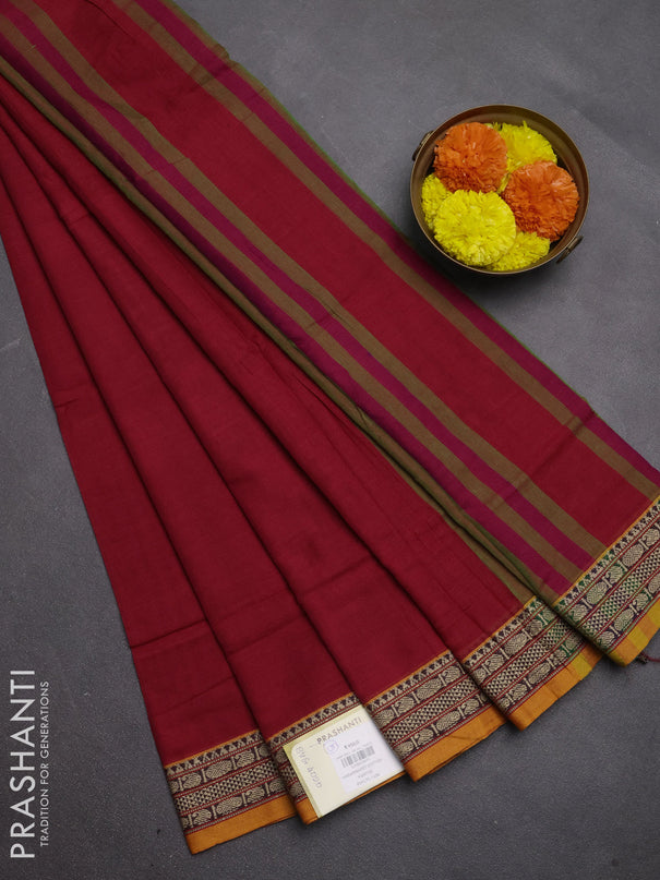 Narayanpet cotton saree red shade and mustard yellow with plain body and temple design thread woven border
