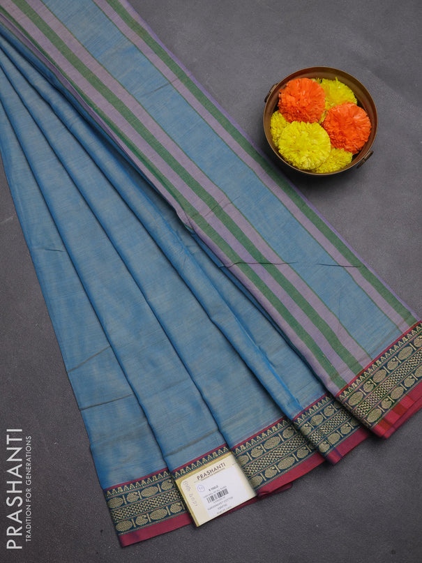 Narayanpet cotton saree light blue and maroon with plain body and temple design thread woven border