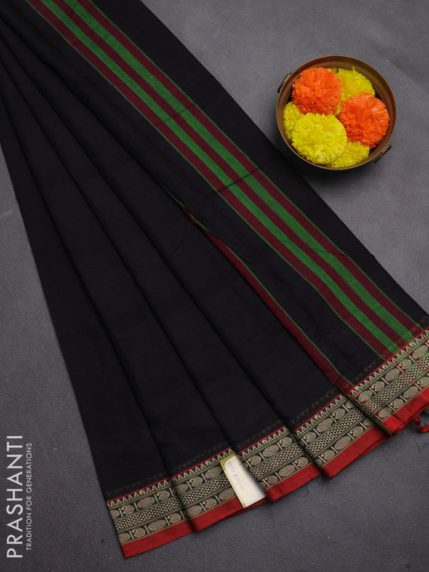 Narayanpet cotton saree black and maroon with plain body and temple design thread woven border