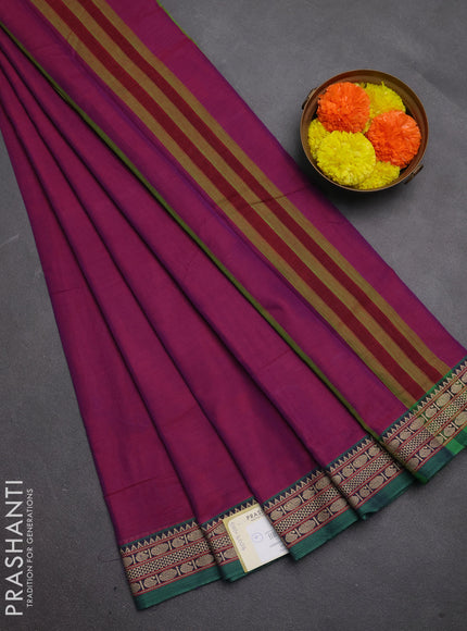 Narayanpet cotton saree magenta pink and green with plain body and temple design thread woven border