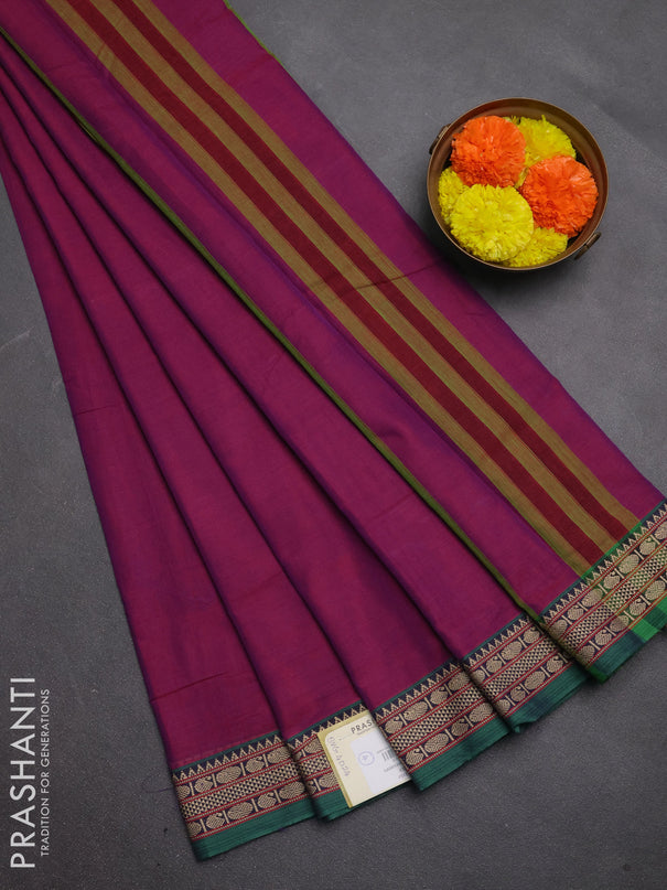 Narayanpet cotton saree magenta pink and green with plain body and temple design thread woven border
