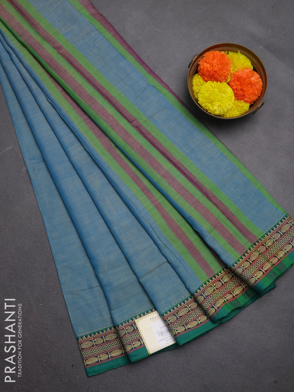 Narayanpet cotton saree light blue and teal green with plain body and temple design thread woven border