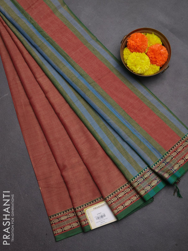 Narayanpet cotton saree maroon shade and green with plain body and temple design thread woven border