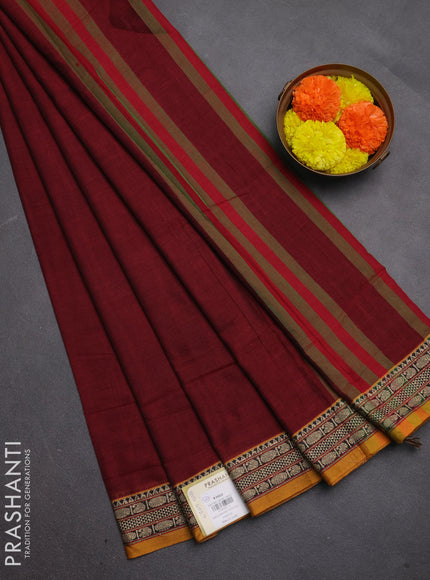 Narayanpet cotton saree maroon and mustard yellow with plain body and temple design thread woven border