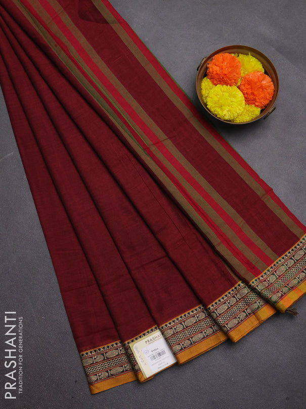 Narayanpet cotton saree maroon and mustard yellow with plain body and temple design thread woven border