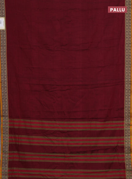Narayanpet cotton saree maroon and mustard yellow with plain body and temple design thread woven border