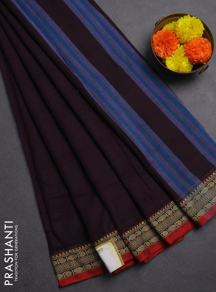 Narayanpet cotton saree wine shade and maroon with plain body and temple design thread woven border