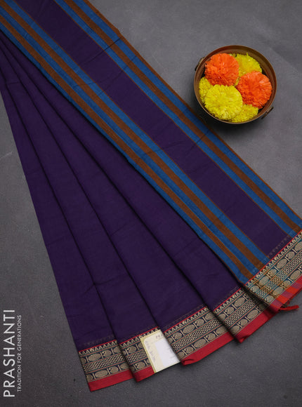 Narayanpet cotton saree violet and maroon with plain body and temple design thread woven border