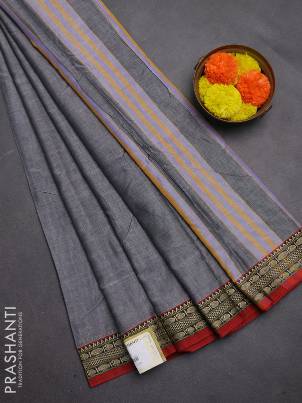 Narayanpet cotton saree grey and maroon with plain body and temple design thread woven border