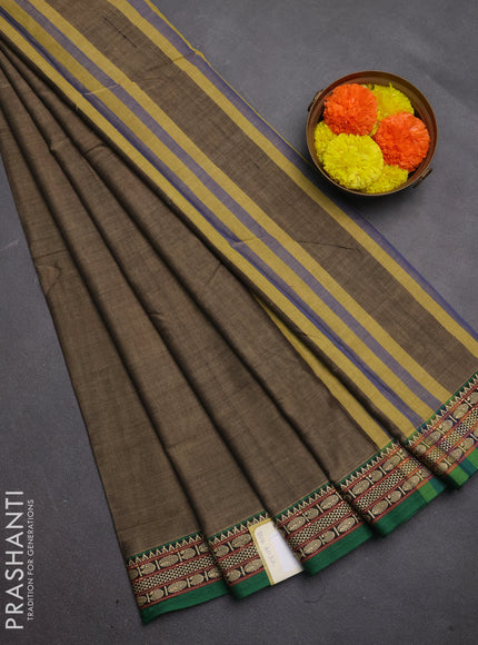 Narayanpet cotton saree chiku shade and green with plain body and temple design thread woven border