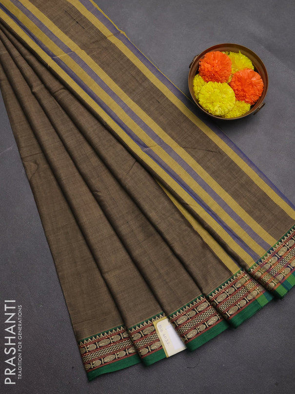 Narayanpet cotton saree chiku shade and green with plain body and temple design thread woven border