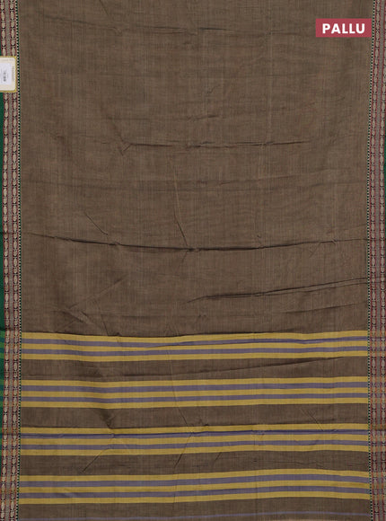 Narayanpet cotton saree chiku shade and green with plain body and temple design thread woven border