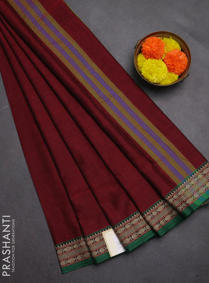 Narayanpet cotton saree maroon and green with plain body and temple design thread woven border