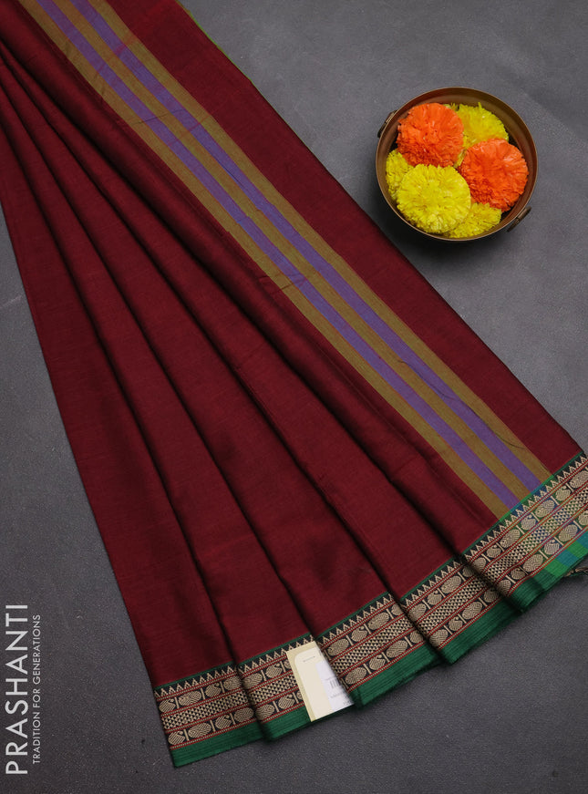 Narayanpet cotton saree maroon and green with plain body and temple design thread woven border