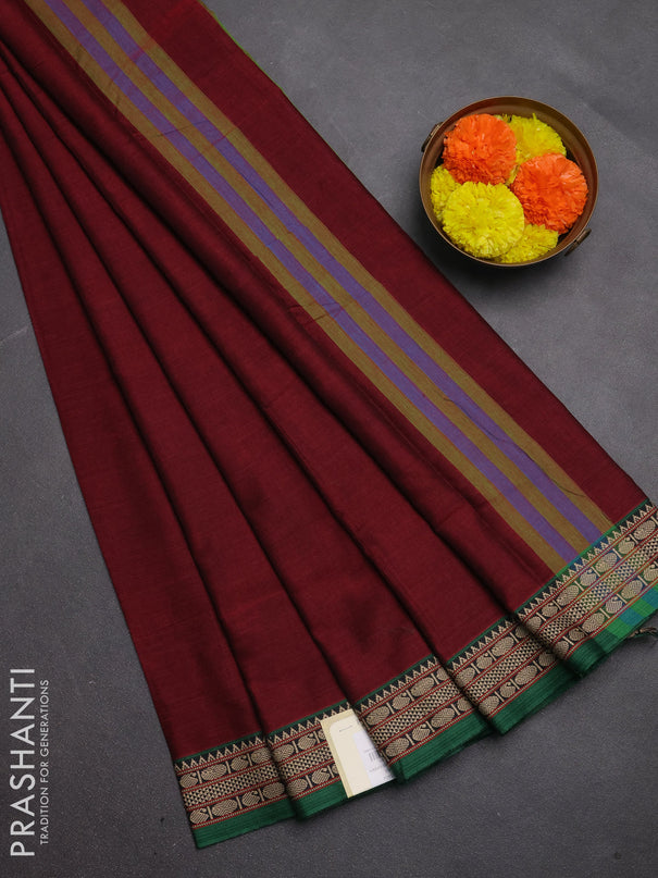 Narayanpet cotton saree maroon and green with plain body and temple design thread woven border