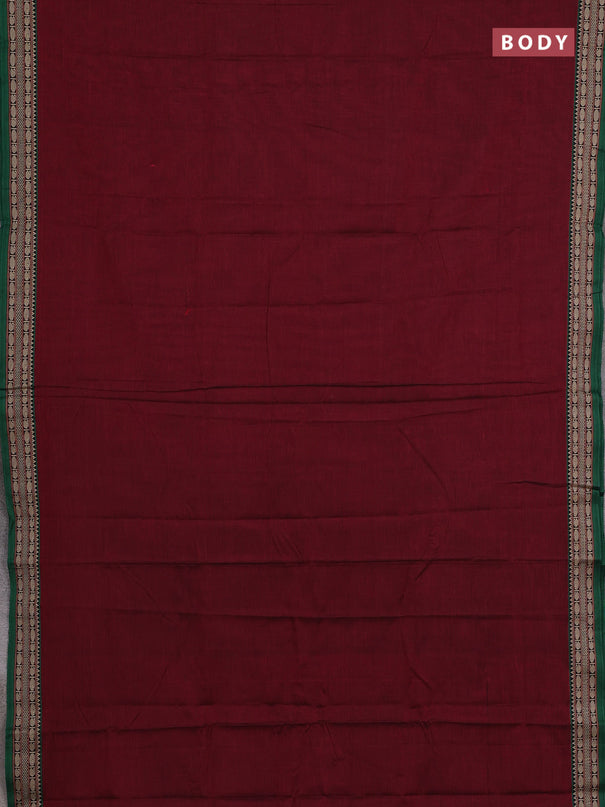 Narayanpet cotton saree maroon and green with plain body and temple design thread woven border