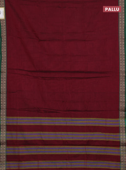 Narayanpet cotton saree maroon and green with plain body and temple design thread woven border