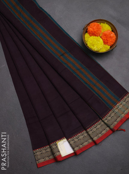 Narayanpet cotton saree deep wine and maroon with plain body and temple design thread woven border