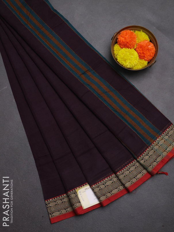 Narayanpet cotton saree deep wine and maroon with plain body and temple design thread woven border