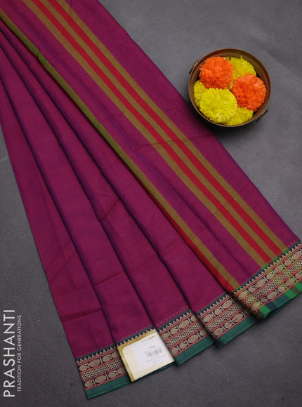 Narayanpet cotton saree magenta pink and green with plain body and temple design thread woven border