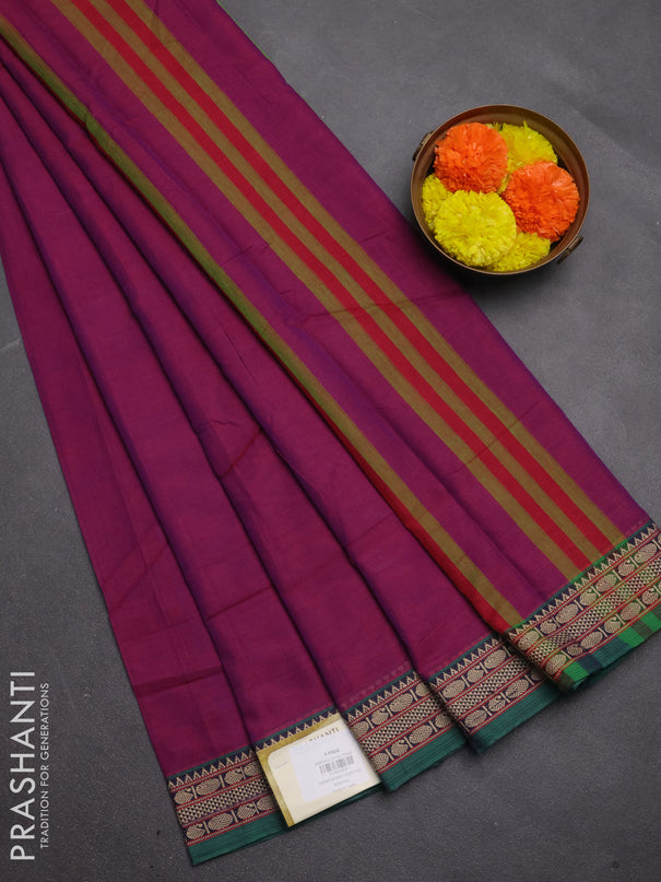 Narayanpet cotton saree magenta pink and green with plain body and temple design thread woven border