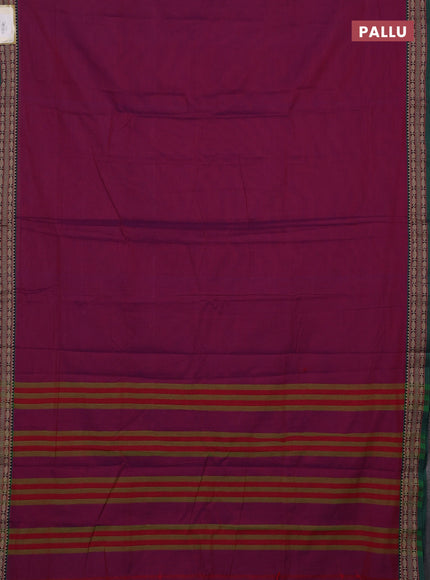 Narayanpet cotton saree magenta pink and green with plain body and temple design thread woven border