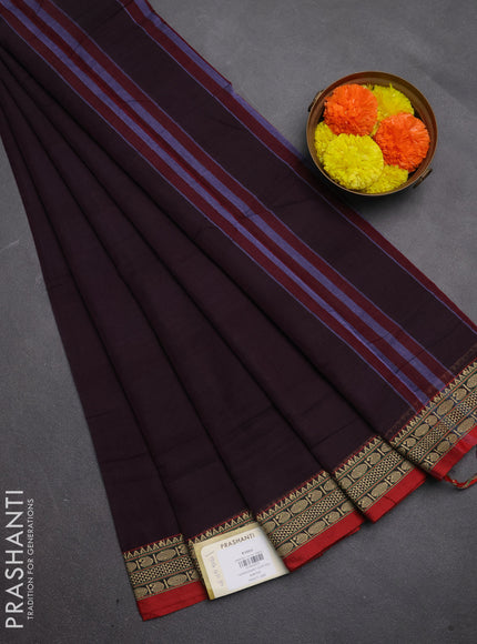 Narayanpet cotton saree deep wine and maroon with plain body and temple design thread woven border