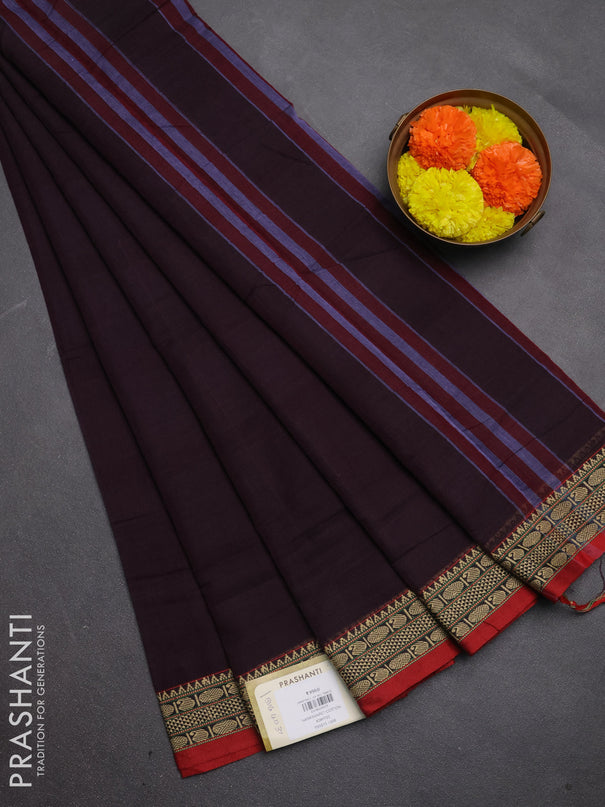 Narayanpet cotton saree deep wine and maroon with plain body and temple design thread woven border