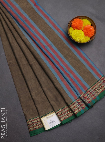 Narayanpet cotton saree chiku shade and green with plain body and temple design thread woven border