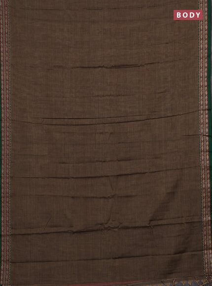 Narayanpet cotton saree chiku shade and green with plain body and temple design thread woven border