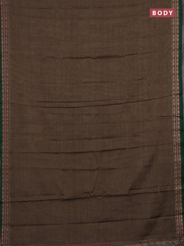 Narayanpet cotton saree chiku shade and green with plain body and temple design thread woven border