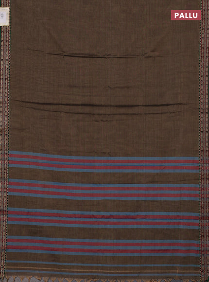 Narayanpet cotton saree chiku shade and green with plain body and temple design thread woven border