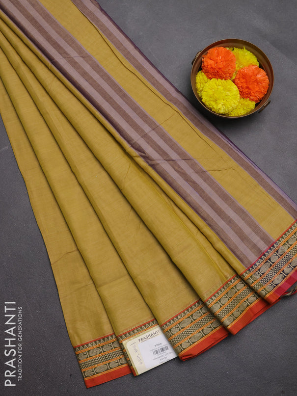 Narayanpet cotton saree mustard shade and orange with plain body and temple design thread woven border