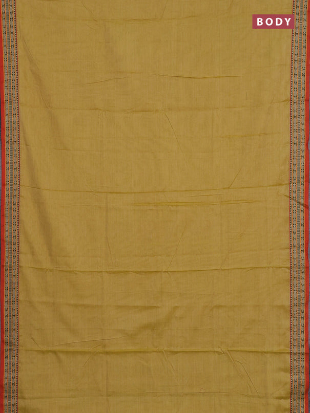 Narayanpet cotton saree mustard shade and orange with plain body and temple design thread woven border