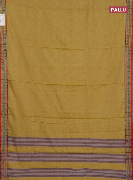 Narayanpet cotton saree mustard shade and orange with plain body and temple design thread woven border